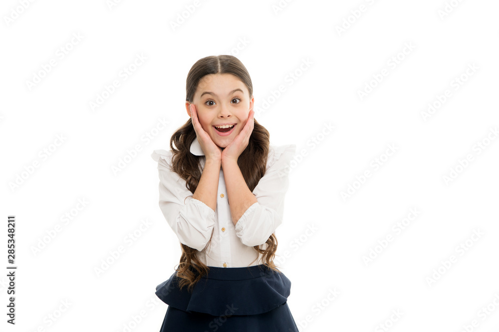Her hair speak for itself. Surprised little child with long ponytail hair. Small schoolgirl with brunette hair. Cute kid with fashionable hairstyle wearing school uniform. Beauty look of hair model Her hair speak for itself. Surprised little child with long ponytail hair. Small schoolgirl with brunette hair. Cute kid with fashionable hairstyle wearing school uniform. Beauty look of hair model