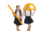 Geometry lesson is much fun. Little girls holding protractor and ruler for lesson. Small children with measuring instruments at school lesson. Cute schoolgirls preparing for geometry lesson