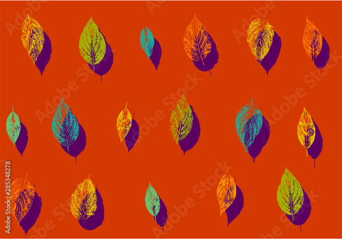 Bright cocky seamless pattern of autumn leaves stamps of different colours. Pop-art design. Fall motif for notebook cover, poster, wrapping paper