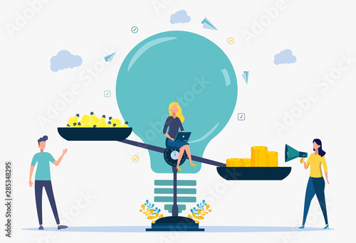 Look for a creative idea. Metaphor of a successful business. People weigh light bulbs and money on the scales.