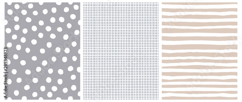 Hand Drawn Childish Style Vector Pattern Set. White Horizontal Stripes on a Beige Background. White Grid On a Gray Layout. White Polka Dots on a Gray. Cute Simple Geometric Design. photo