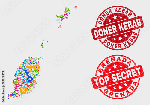 Guard Grenada map and watermarks. Red rounded Top Secret and Doner Kebab scratched watermarks. Colorful Grenada map mosaic of different access icons. Vector composition for guard purposes.