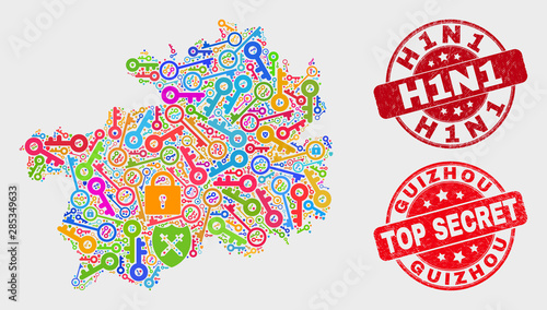 Firewall Guizhou Province map and stamps. Red rounded Top Secret and H1N1 scratched seal stamps. Colorful Guizhou Province map mosaic of different security elements.