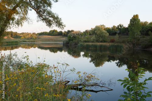Calm pond at sunset, summertime