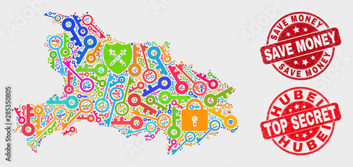 Secure Hubei Province map and seal stamps. Red round Top Secret and Save Money scratched seal stamps. Colored Hubei Province map mosaic of different guard elements. Vector collage for guard purposes.