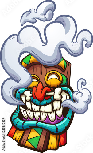 Cartoon happy smoking Tiki mask clip art. Vector illustration with simple gradients. All in a single layer. 