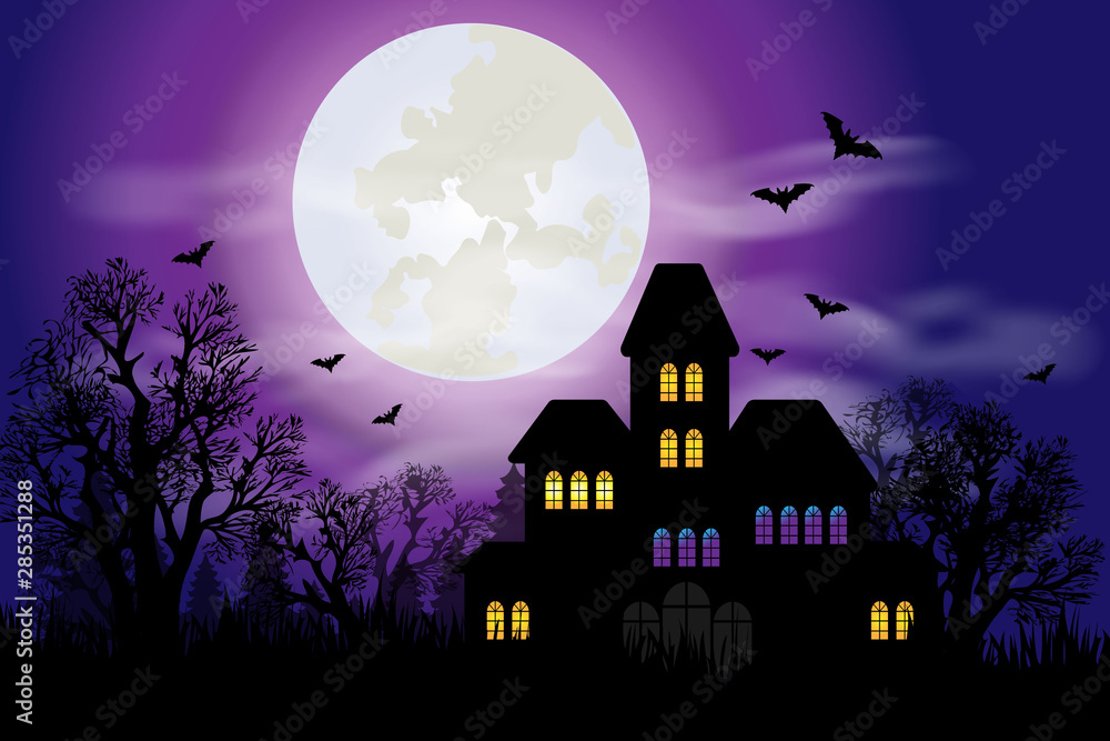 Haunted house with full moon and bats for Halloween night Haunted house with full moon and bats for Halloween night