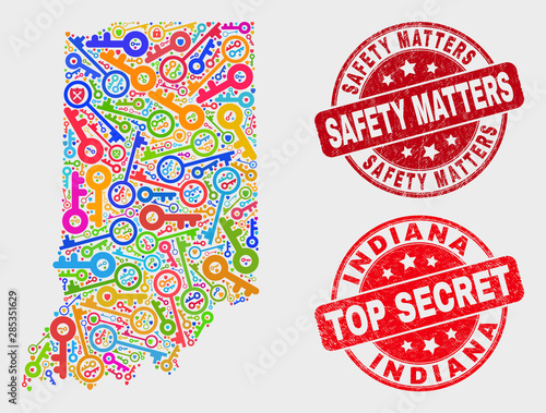 Secure Indiana State map and seal stamps. Red round Top Secret and Safety Matters grunge seal stamps. Bright Indiana State map mosaic of different lock icons. Vector combination for safety purposes.