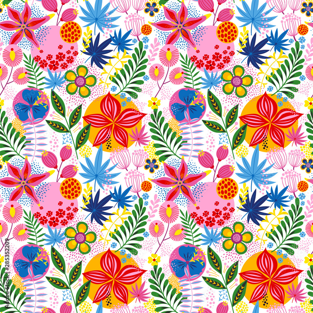 Floral seamless pattern on white. Vector Illustration. Abstract background with flowers and leaves. Natural bright design.