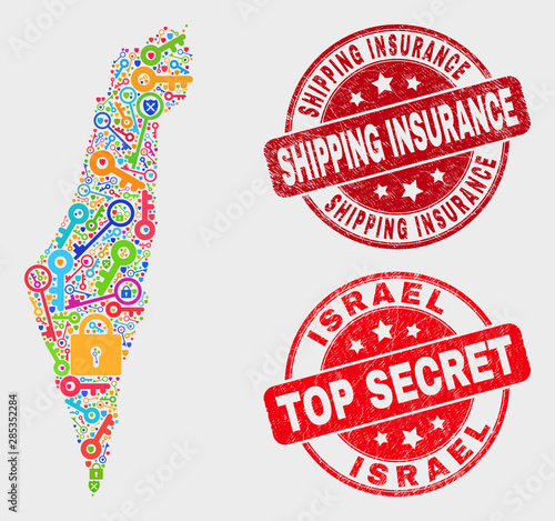 Keep Israel map and seal stamps. Red rounded Top Secret and Shipping Insurance distress seal stamps. Bright Israel map mosaic of different registration elements. Vector collage for keeping purposes.