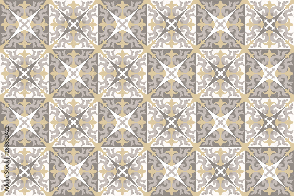 Seamless pattern with portuguese tiles. Vector illustration of Azulejo on white background. Mediterranean style. Gray color. Seamless pattern with portuguese tiles. Vector illustration of Azulejo on white background. Mediterranean style. Gray color.