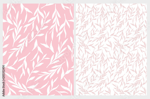 Simple Floral Vector Pattern. Abstract White and Pink Twigs Isolated on a Pink and White Background. Pastel Color Botanic Print Ideal for Fabric, Textile, Wrapping Paper, Decoration.