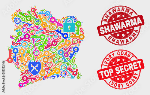 Secure Ivory Coast map and seal stamps. Red rounded Top Secret and Shawarma distress seal stamps. Colorful Ivory Coast map mosaic of different passkey symbols. Vector collage for security purposes.