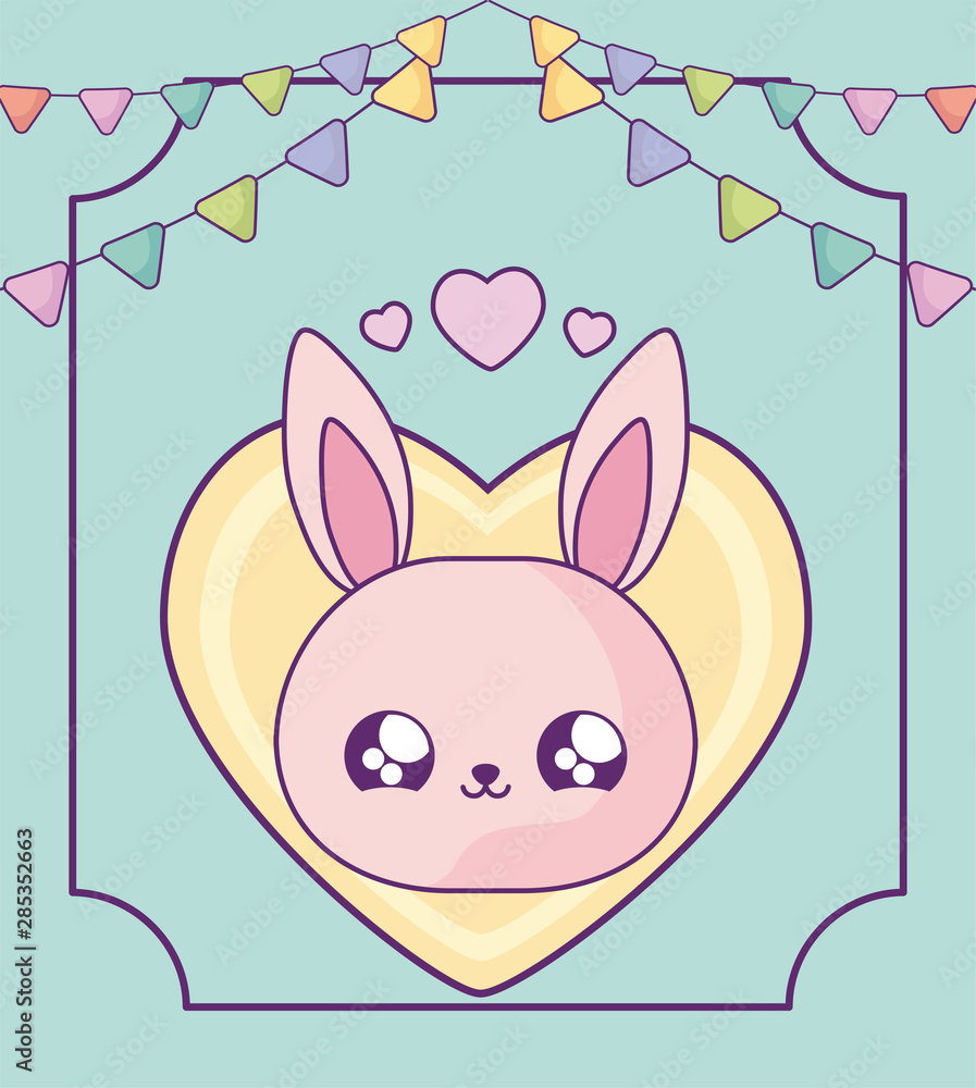cute rabbit baby in card with garlands kawaii style cute rabbit baby in card with garlands kawaii style