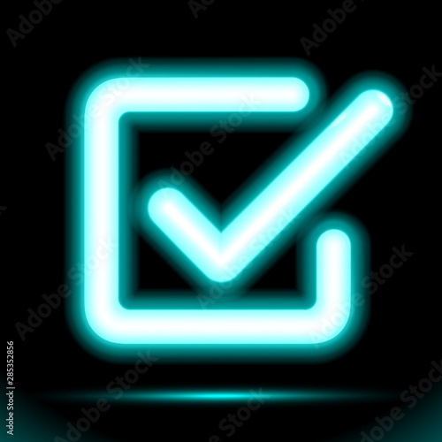 Neon lamp checkmark icon in a square, tick symbol. Modern ornamental ui element. Design for presentation or dark ad fluorescent black background. Vector luminescent illumination ad, illustration
