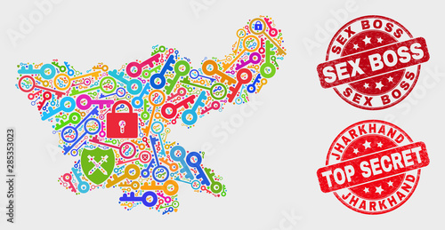 Shield Jharkhand State map and seal stamps. Red round Top Secret and Sex Boss textured stamps. Colored Jharkhand State map mosaic of different shield elements. Vector collage for safety purposes.