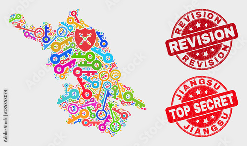 Guard Jiangsu Province map and stamps. Red rounded Top Secret and Revision distress stamps. Bright Jiangsu Province map mosaic of different access elements. Vector composition for safety purposes.