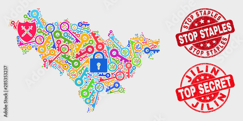 Security Jilin Province map and seal stamps. Red rounded Top Secret and Stop Staples scratched seal stamps. Colorful Jilin Province map mosaic of different administration items.