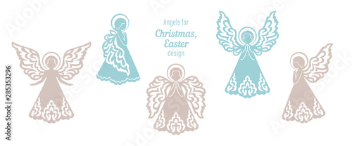 Set of beautiful angels with ornamental wings and halo