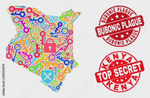 Safety Kenya map and seal stamps. Red rounded Top Secret and Bubonic Plague grunge watermarks. Colorful Kenya map mosaic of different safety icons. Vector collage for safety purposes.