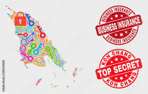 Secure Koh Chang map and seals. Red rounded Top Secret and Business Insurance grunge seal stamps. Bright Koh Chang map mosaic of different security items. Vector combination for security purposes.