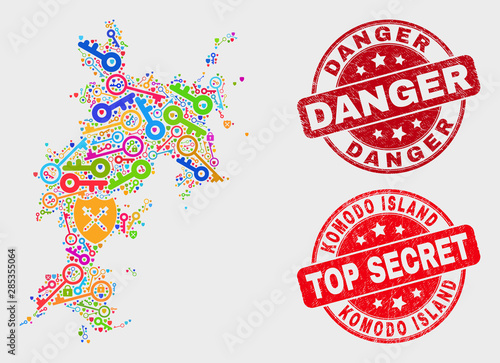 Guard Komodo Island map and watermarks. Red rounded Top Secret and Danger distress seals. Bright Komodo Island map mosaic of different keeper symbols. Vector collage for guard purposes.