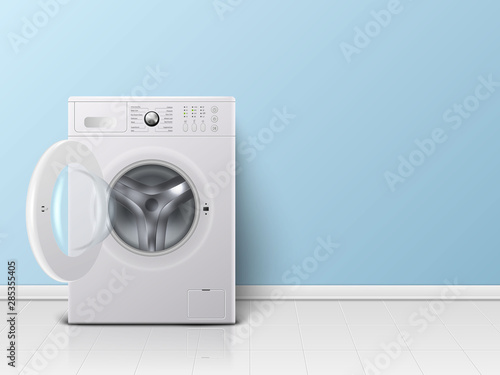 Vector 3d Realistic Modern White Steel Opened Washing Machine Closeup. Design Template of Wacher. Front View, Laundry Concept