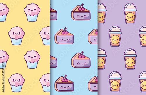 pattern of cakes with cupcakes and drinks kawaii