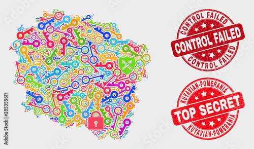 Security Kuyavian-Pomeranian Voivodeship map and stamps. Red round Top Secret and Control Failed scratched stamps. Bright Kuyavian-Pomeranian Voivodeship map mosaic of different privacy symbols.