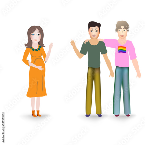Surrogate mother for a homosexual male family couple. Marriage of gay parents expects the appearance of their child in a pregnant woman. Pregnant surrogate woman and two gay guys on white background.