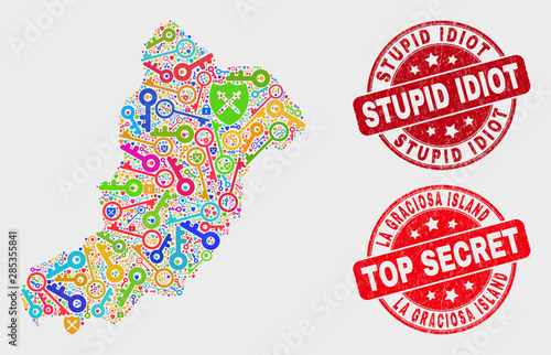Key La Graciosa Island map and seal stamps. Red round Top Secret and Stupid Idiot scratched seal stamps. Colorful La Graciosa Island map mosaic of different key items.