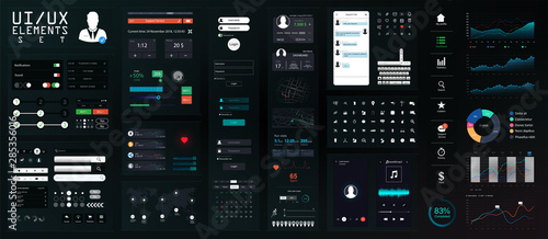 Dark UI Elements Big Set. Modern Mobile UI, UX, Kit for App Development in Flat Style. Modern Interface Mockup for Mobile, PC, Applications. Set of Forms, Dividers, Bars, Icons and Buttons. Vector set photo