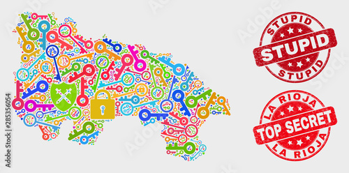 Guard La Rioja of Spain map and stamps. Red round Top Secret and Stupid grunge stamps. Colorful La Rioja of Spain map mosaic of different lock items. Vector combination for guard purposes.
