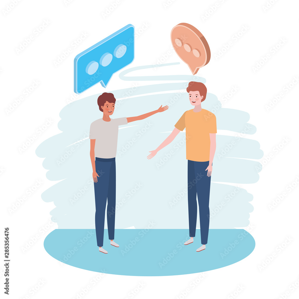 men standing with speech bubble on white background men standing with speech bubble on white background