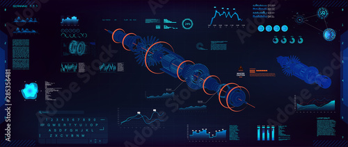 Future engineering concept, HUD design. Background with futuristic user interface and 3d project turbine. HUD blueprint scanning. Gear wheel mechanism with dashboard and interface. Vector FUI 