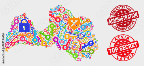 Security Latvia map and seals. Red round Top Secret and Administration grunge seals. Bright Latvia map mosaic of different passkey elements. Vector combination for security purposes.