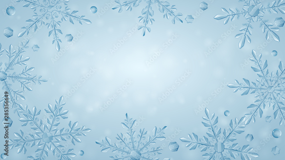 Christmas composition of large complex transparent snowflakes in light blue colors on gradient background. Transparency only in vector format
