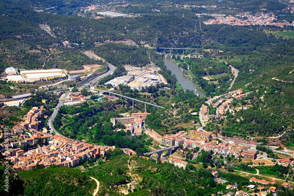 View on village El Mas Estarrós from Montserrat, Barcelona, Catalunya, Spain, Europe