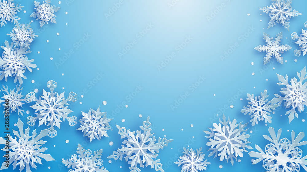 Christmas illustration of white complex paper snowflakes with soft shadows on light blue background