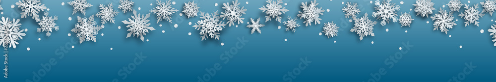 Christmas banner of white complex paper snowflakes with soft shadows on light blue background. With horizontal repetition Christmas banner of white complex paper snowflakes with soft shadows on light blue background. With horizontal repetition