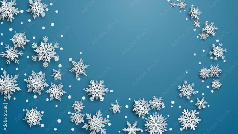 Christmas illustration with white complex paper snowflakes with soft shadows on light blue background Christmas illustration with white complex paper snowflakes with soft shadows on light blue background