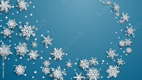 Christmas illustration with white complex paper snowflakes with soft shadows on light blue background