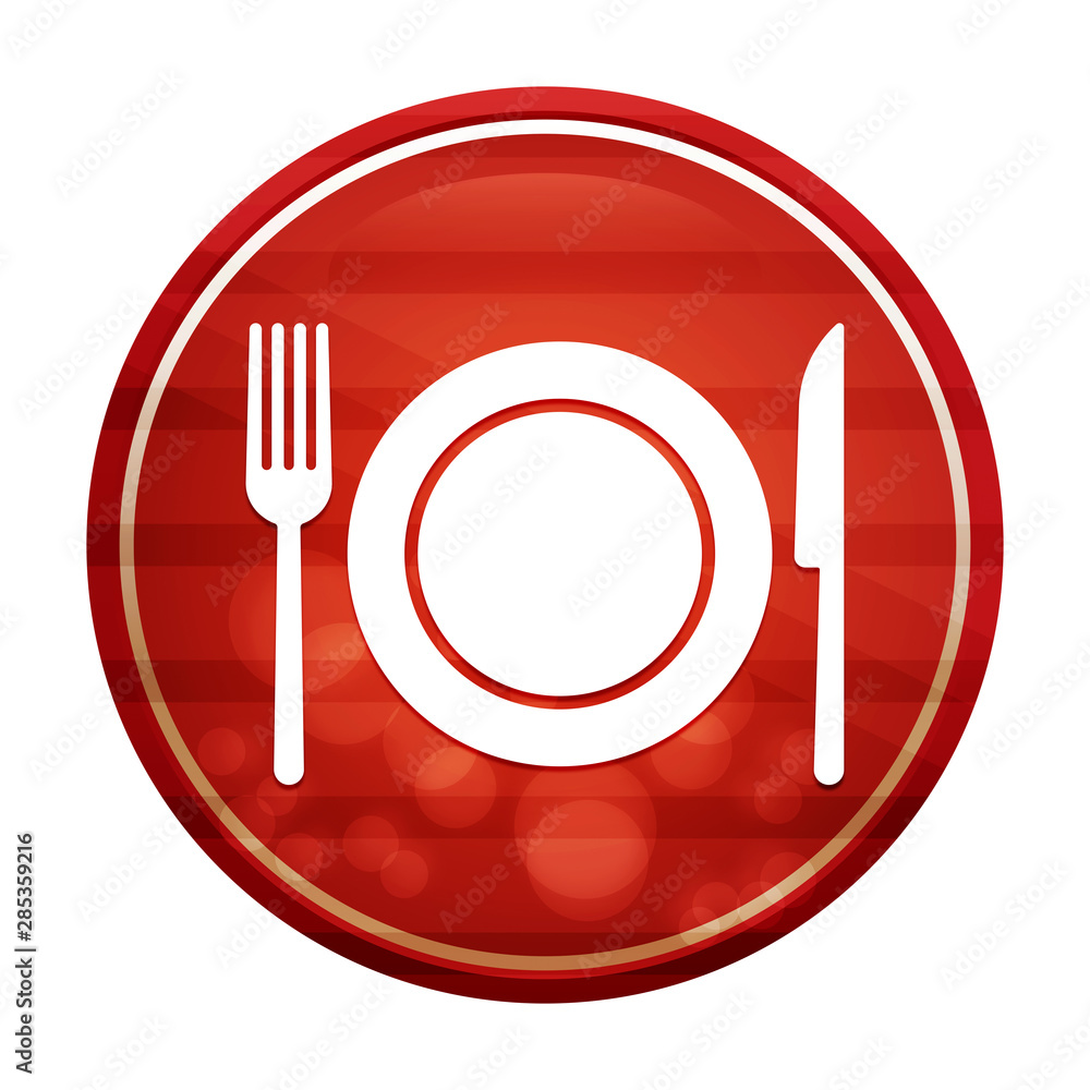 Plate with fork and knife icon realistic diagonal motion red round button illustration