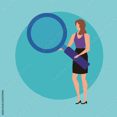 young woman with magnifying glass character