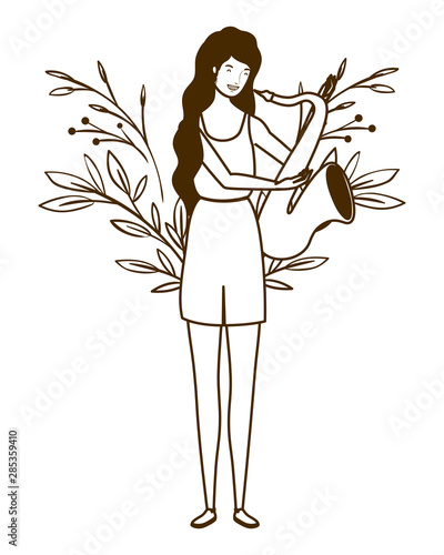 silhouette of woman with saxophone on white background