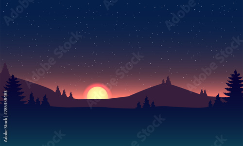 Night sky landsacape. Forest at night and star on sky.