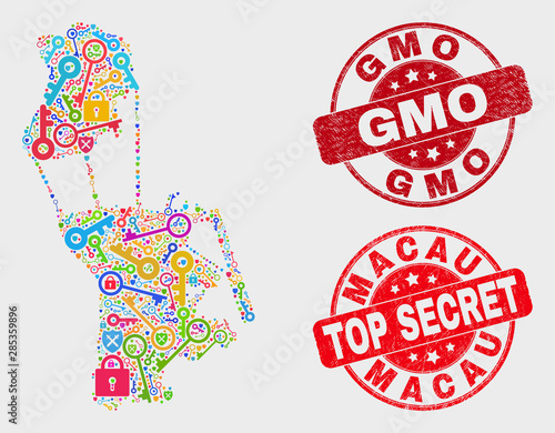 Guard Macau map and seal stamps. Red round Top Secret and GMO grunge seal stamps. Bright Macau map mosaic of different key symbols. Vector collage for safety purposes.