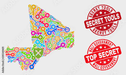 Safeguard Mali map and seals. Red round Top Secret and Secret Tools textured seals. Colored Mali map mosaic of different protection icons. Vector collage for keeping purposes.