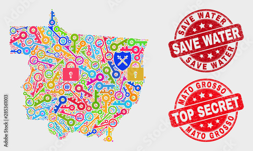 Safeguard Mato Grosso State map and seal stamps. Red round Top Secret and Save Water grunge seal stamps. Bright Mato Grosso State map mosaic of different secure items.