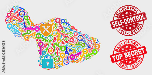Key Maui Island map and seals. Red round Top Secret and Self-Control textured seals. Bright Maui Island map mosaic of different privacy elements. Vector combination for safety purposes.